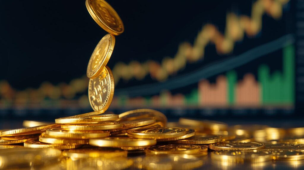 dividendos em forma de moedas de ouro e grafico da bolsa ao fundo (1)