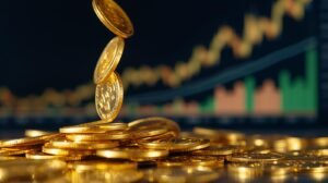 dividendos em forma de moedas de ouro e grafico da bolsa ao fundo (1)
