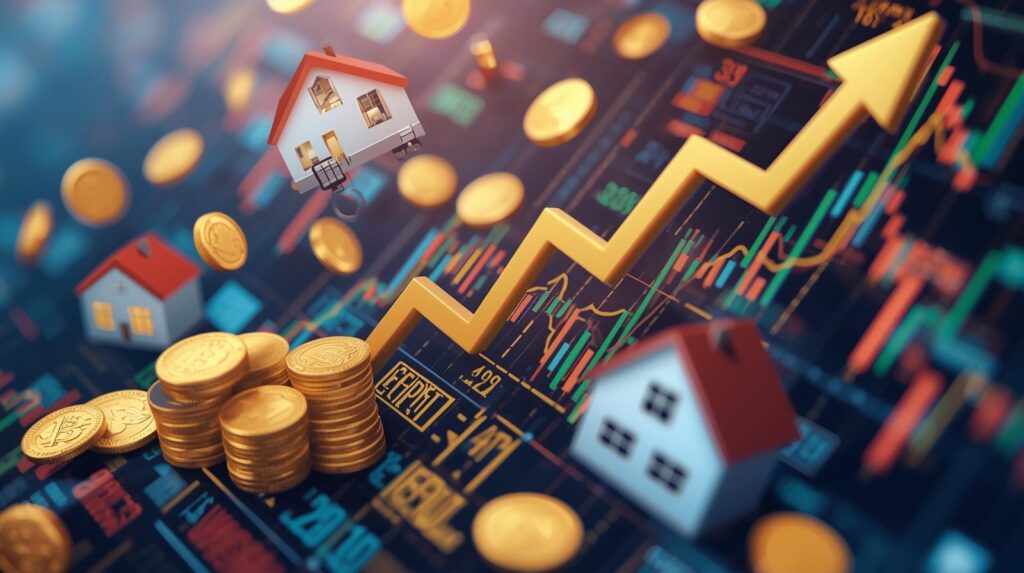 gráficos da bolsa de valores e moedas douradas representando dividendos de fundos imobiliários