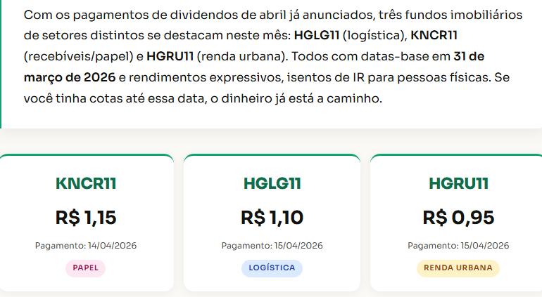 image-4 Esses 3 FIIs vão pagar altos dividendos em abril de 2026 — veja quanto você pode receber por mês
